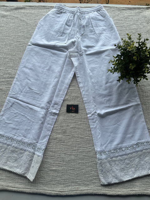 White applique work straight fit cotton pant