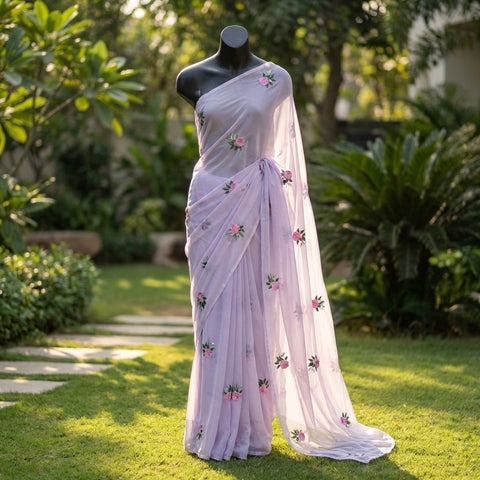 Lavender Rose emb georgette saree