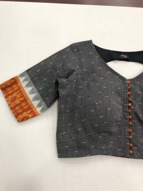 Grey/Orange Temple border Ikat Blouse