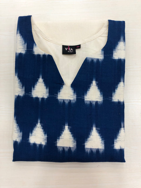 Ikat patch plain cotton kurti - white/Blue