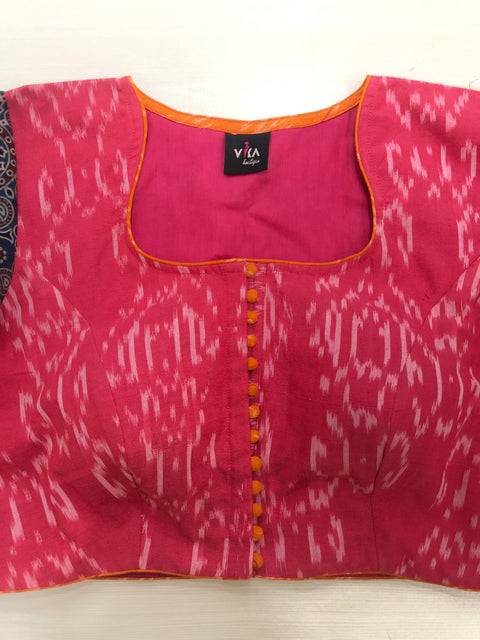 Pink ikat/blue ajrakh cotton blouse