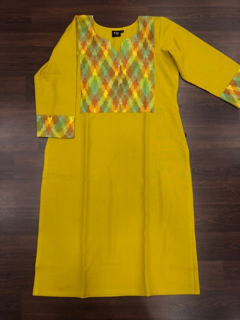 Ikat patch plain cotton kurti - yellow