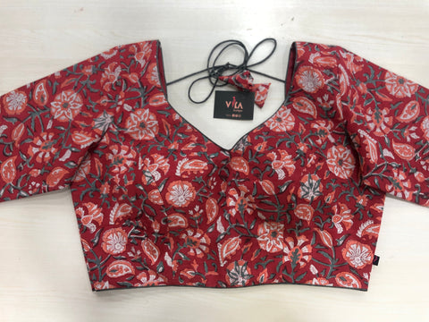 Red florla printed cotton blouse