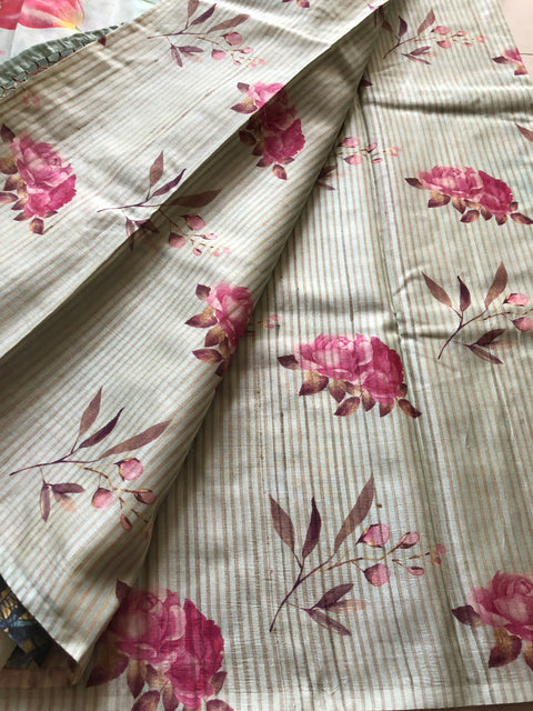 Floral printed tussar ghicha silk saree